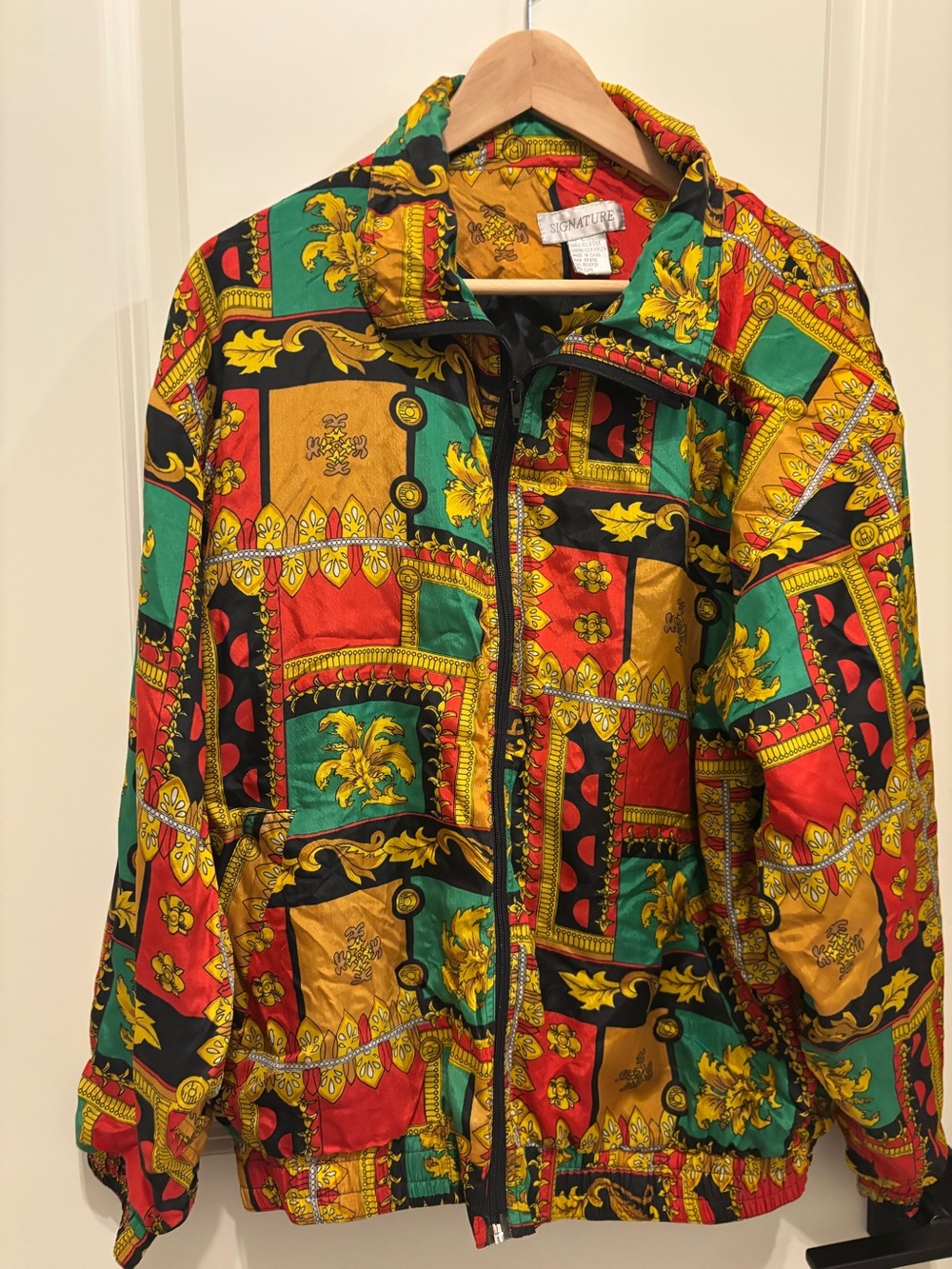 Vintage 80s/90s Signature Jacket Scarf Print Baroque Ornate Color Block Bomber